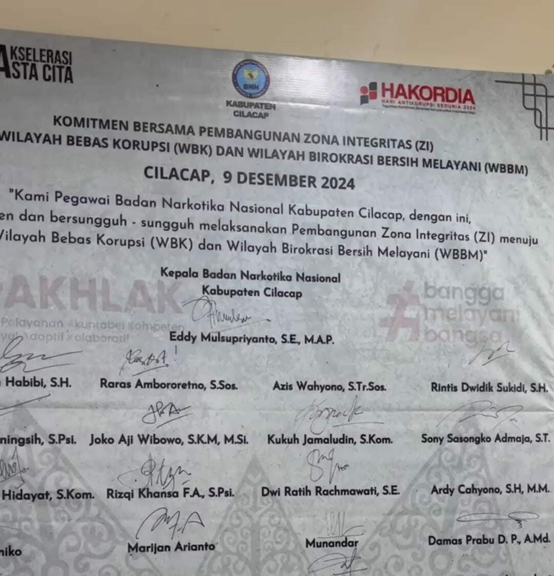 BNN Kabupaten Cilacap Tanda Tangani Komitmen Bersama Pembangunan Zona Integritas
