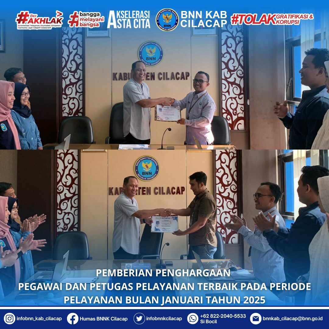 Kepala BNN Kabupaten Cilacap Serahkan Penghargaan bagi Pegawai dan Petugas Pelayanan Terbaik Periode Januari 2025 Kepala BNN Kabupaten Cilacap Serahkan Penghargaan bagi Pegawai dan Petugas Pelayanan Terbaik Periode Januari 2025